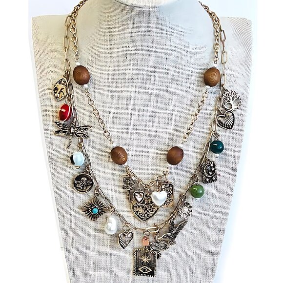 Love Luck + Faith Guardian Angel Heart Evil Eye Wood Beaded Charm Layer Necklace - Picture 1 of 9